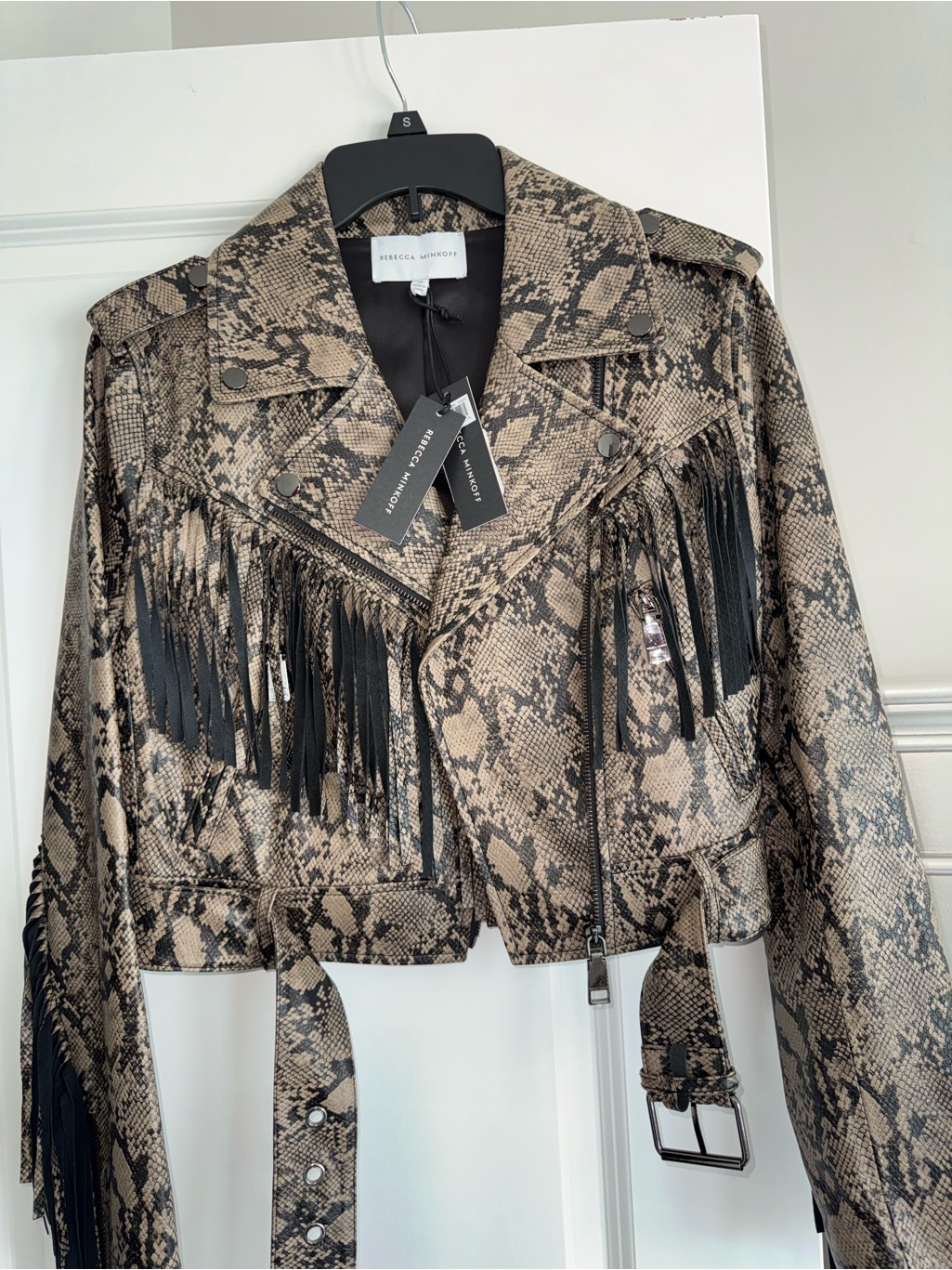 Rebecca Minkoff Leather Snake-Print Fringe Moto Jacket In Beige And Black